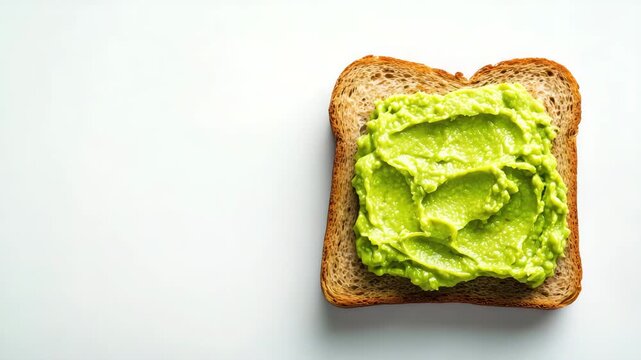 A single slice of toasted whole grain bread topped with fresh mashed avocado. The toast is isolated on a clean white background. Healthy food concept.