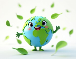 Happy Earth character smiles with floating leaves. Cartoon globe shows environmental awareness, nature conservation. Eco friendly design promotes ecological message for children, education. Animation