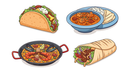 Colorful Illustration of Taco Chili Paella and Burrito Representing Diverse Cuisine.