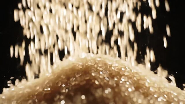 Closeup of white rice grains falling and piling up on a dark background showcasing the texture and movement of the staple food ingredient in slow motion ideal for food preparation and agricultural th.