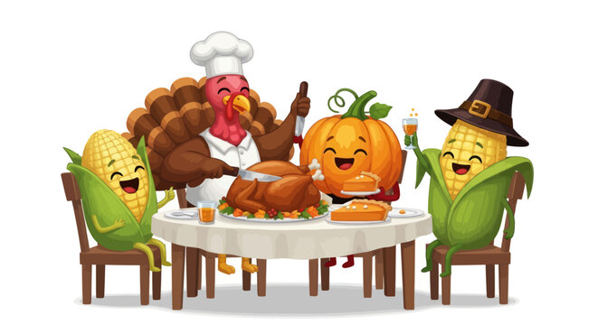 Thanksgiving Feast: Cartoon Turkey Pumpkin and Corn Characters.