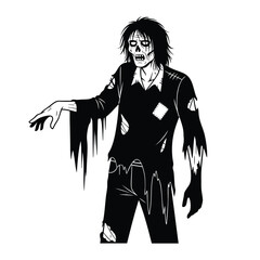 Creepy Zombie Character with Torn Clothes and Distressed Features Reaching Out