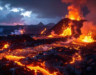 Fiery lava flows cascade across a volcanic landscape under a stormy sky