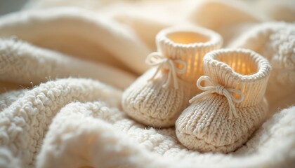 Close up photo of baby booties on soft warm knitted blanket. Newborn announcement concept. Baby shoes with bows on the fluffy, cozy background. Pregnancy reveal.