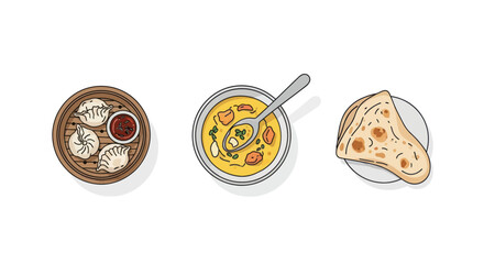 Dumplings in Bamboo Steamer Soup with Spoon and Flatbread on Plate.