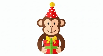 Naklejka premium Monkey Clipart Celebrating a Birthday Party with a Present and Party Hat Fun Animal Illustration