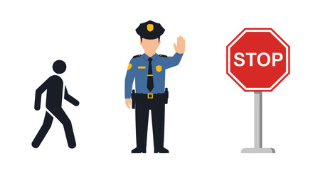 Police officer directing traffic with stop sign and pedestrian icon.