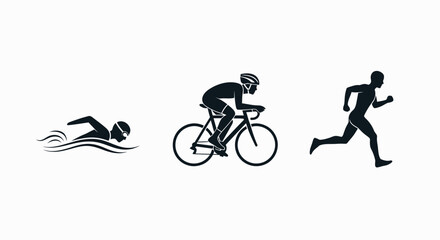 Silhouettes of a swimmer cyclist and runner representing triathlon disciplines.