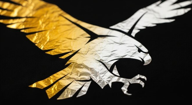 Gleaming metallic eagle emblem on a stark black canvas representing strength and valor