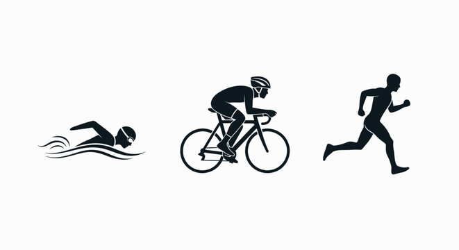 Silhouettes of a swimmer cyclist and runner representing triathlon disciplines.