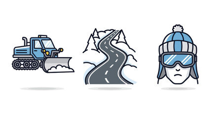 Winter Snow Icons Set: Snowplow Mountain Road and Ski Goggles Hat.