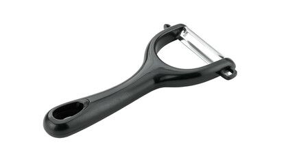 Black plastic vegetable peeler with a silver blade, isolated