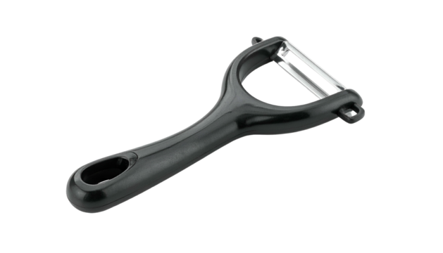 Black plastic vegetable peeler with a silver blade, isolated