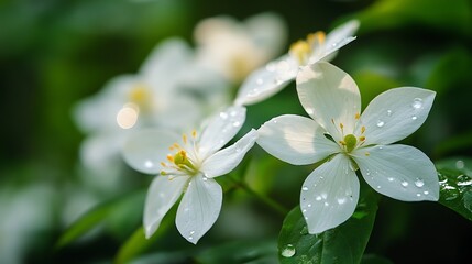 Fototapeta premium Delicate white blossoms with fresh water droplets after spring rain
