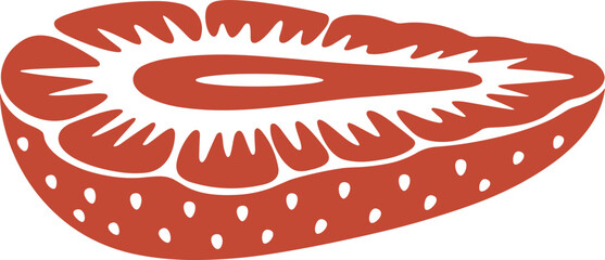 Stylized cross section of a vibrant red strawberry revealing its juicy interior and dotted seed pattern perfect for a refreshing summer fruit design or healthy food packaging label