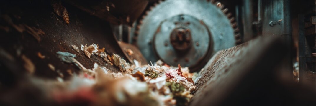 Leaves and organic debris flow through machinery in an industrial setting as autumn colors are displayed, highlighting the processing activity occurring.