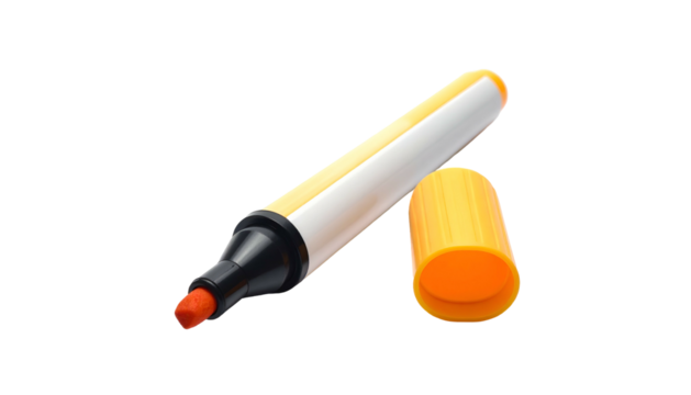 Orange highlighter with cap off, angled, isolated on black ground