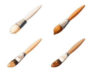 Four stylized paintbrushes, light beige, medium brown, and dark brown, in a grid pattern