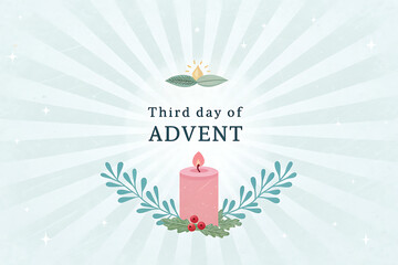 Third day of advent candle illustration with festive wreath and gentle light rays celebrating the christmas season
