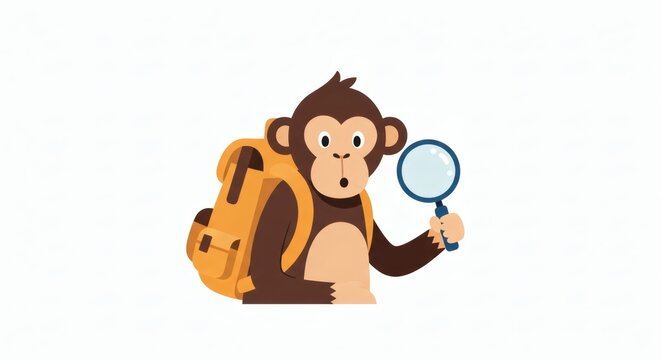 Monkey Clipart with Backpack and Magnifying Glass A Curious Explorer Cartoon