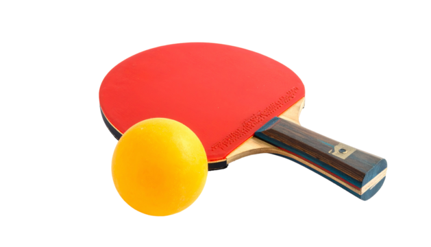Table tennis paddle with red rubber and yellow ball, close-up