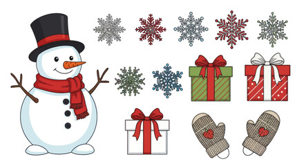 Christmas and winter holiday clip art set featuring a snowman gift boxes snowflakes and mittens.