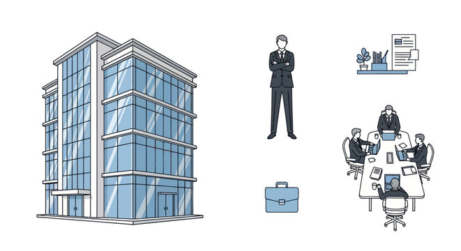 Modern Glass and Steel Office Building with Blue Tinted Windows.