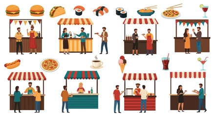 Diverse Food Stalls with People and Various Food Items at an Outdoor Market.