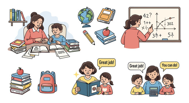 A collection of hand-drawn illustrations depicting education homeschooling and school life with teachers and students. - Powered by Adobe