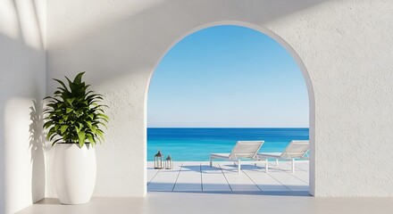 Fototapeta premium Archway view of a tranquil beach resort with two lounge chairs and a potted plant, evoking a sense of relaxation and vacation