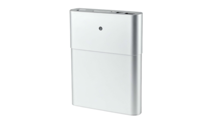 Rectangular silver device angled, with a small dot