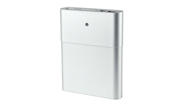 Rectangular silver device angled, with a small dot