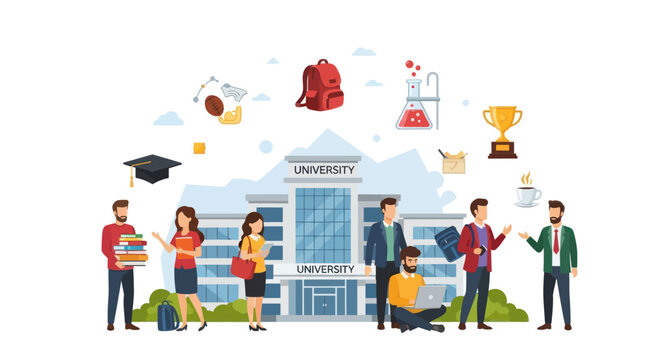 Diverse group of students and university building with educational icons.