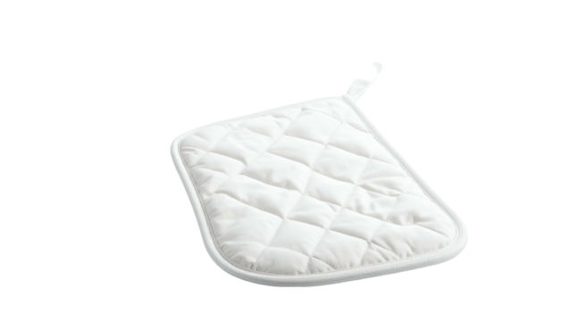 Isolated white quilted pot holder with a hanging loop on black