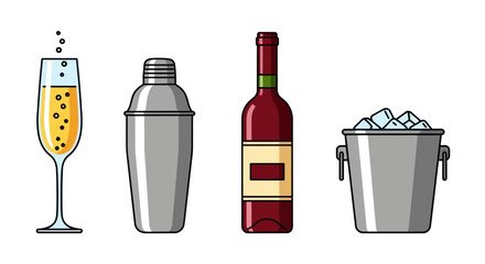 Set of Cocktail and Wine Bar Tools and Drinks.