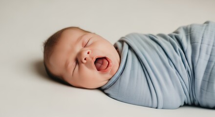 Newborn infant swaddled in blue fabric is yawning with eyes closed on white backdrop, concept for baby health, announcement and child care