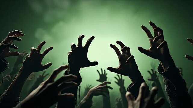 Zombie apocalypse chaos, undead hands reach, desperate survivors flee