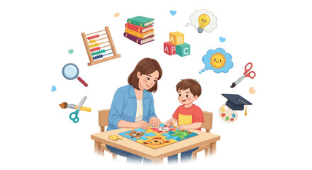 Fototapeta premium Teacher and Young Boy Engaged in Educational Activity at Table.