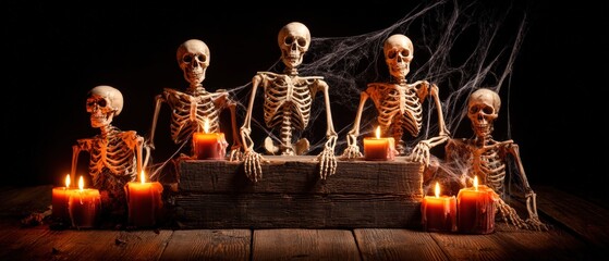Spooky Halloween Skeleton Display with Candles on Dark Background for Holiday Decorations and Haunted House Themes