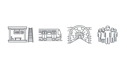 A set of four public transport linear icons showing a station train tunnel and passengers.