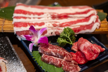 Various type of Japanese style sliced rare beef meat set on the plate, soft focus
