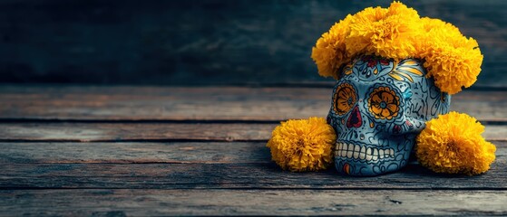 Colorful D?a de los Muertos Skull Decor with Bright Yellow Marigold Flowers on Rustic Wooden Surface