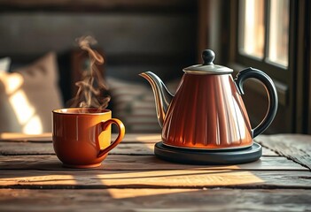 A steaming kettle and a warm mug rest on a rustic wooden table, bathed in soft, golden light, still life photography, coffee