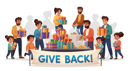 Group of People Giving and Receiving Colorful Gift Boxes.