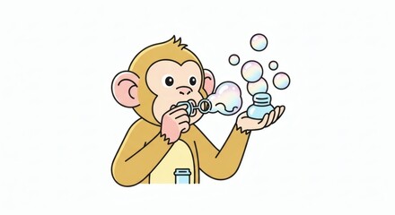 Monkey Clipart blowing bubbles - playful cartoon illustration for kids, featuring a joyful chimpanzee