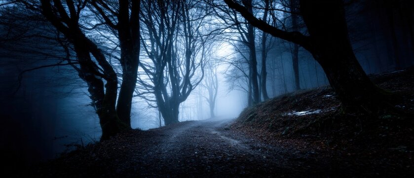 Mysterious eerie dark forest with twisted trees and foggy atmosphere creating a haunting and spooky landscape du night or dawn time - Powered by Adobe