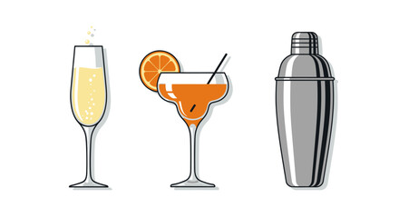 Assortment of Cocktail Glasses and Shaker Vector Illustration.