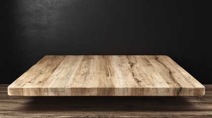 Empty wooden table with a natural finish in front of a dark wall, minimalistic interior design for modern workspace or dining area