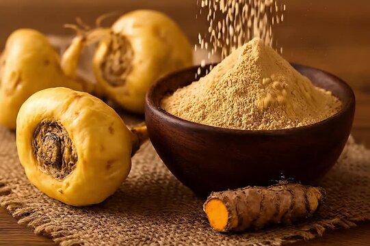 Golden maca root powder and fresh maca roots with turmeric.