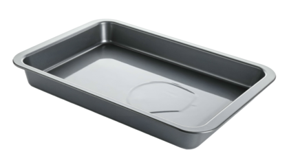 Silver-gray rectangular baking pan with rounded edges, viewed diagonally
